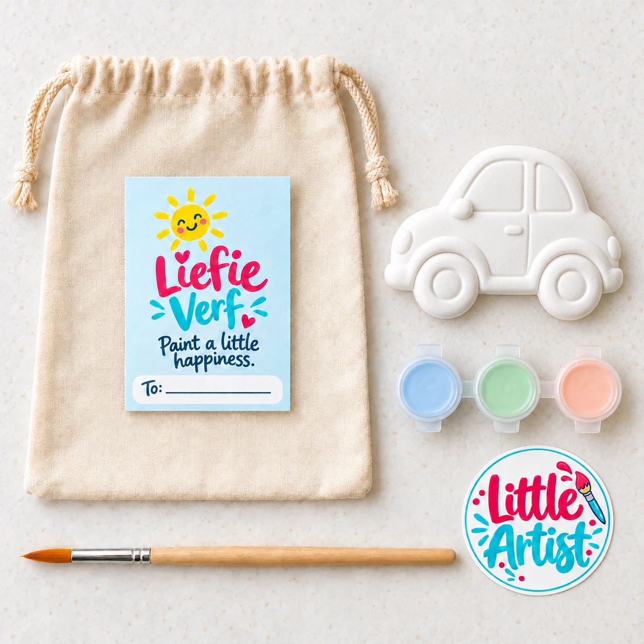 Car paint-your-own party bag with plaster figure, three paint pots, brush, sticker and drawstring bag